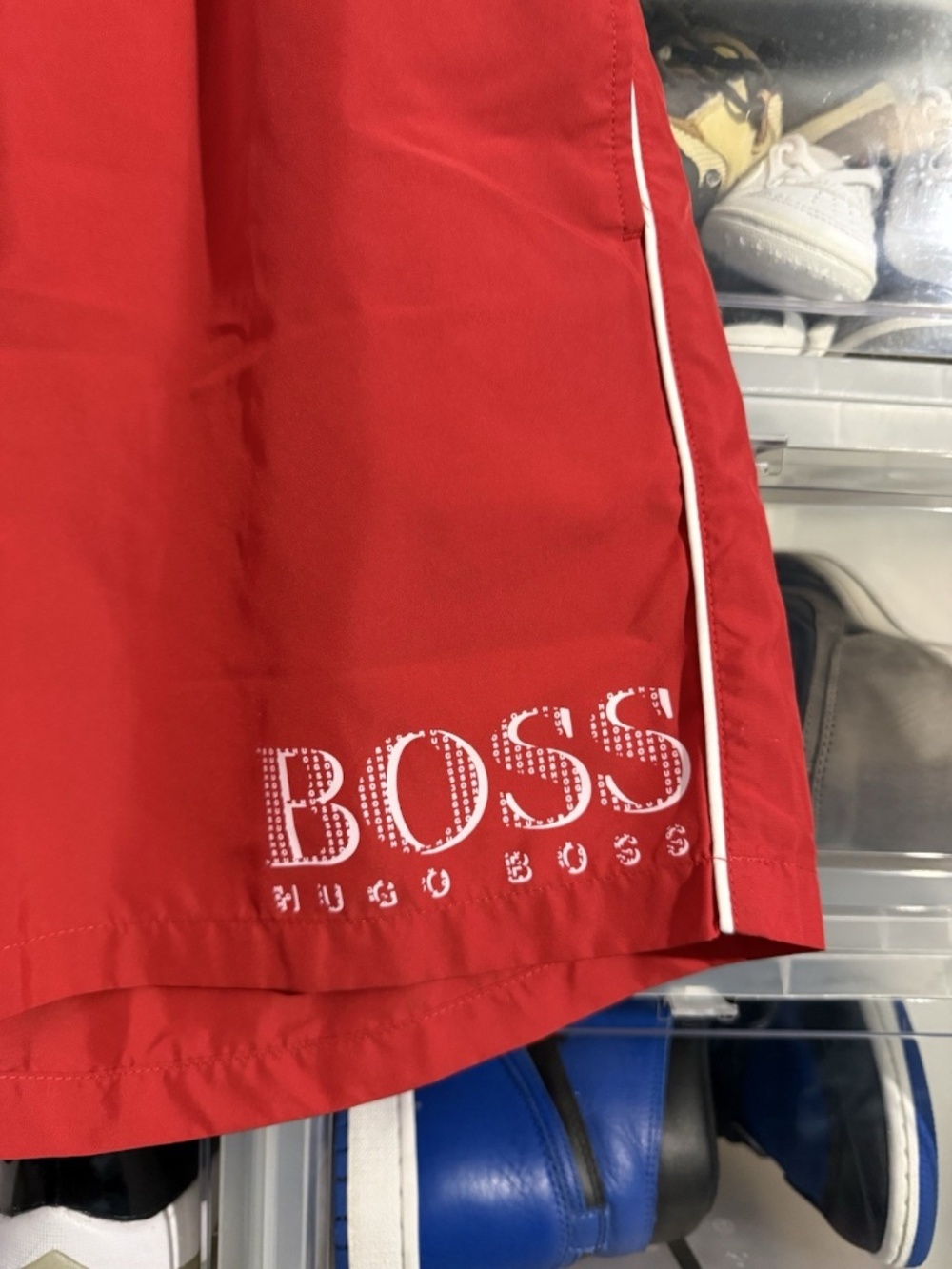 BOSS Hugo Boss Mens Red Logo Swim Trunks Elastic Waist Drawstring Pockets L